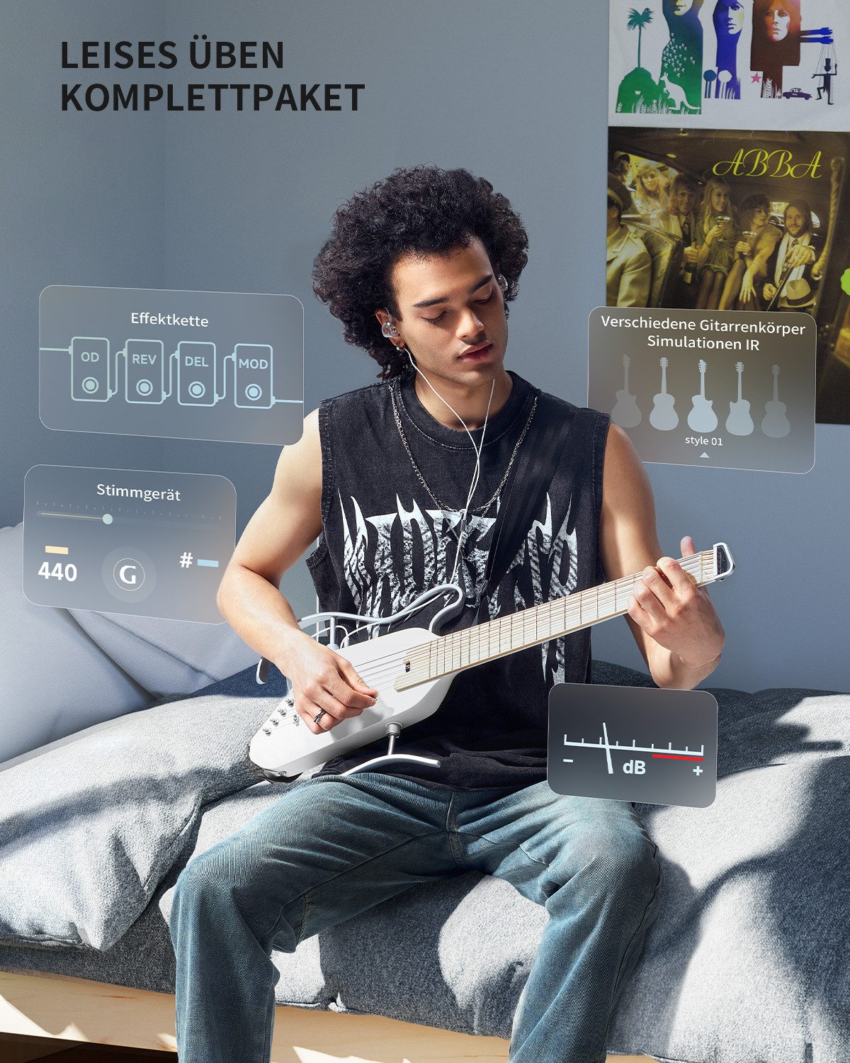 Donner Akustikgitarre HUSH I PRO Reisegitarre Effekte Smart E-Gitarre Set mit Kopfhörer, Matt Federleichte kopflose Gitarre, Kopfhörer, Gigbag, Gurt, Ladekabel, – Bild 5 von 5