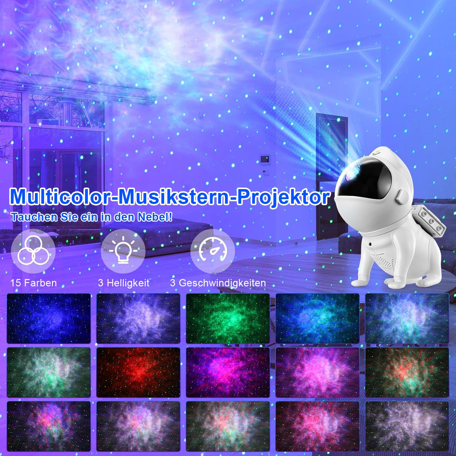 Sunicol LED-Sternenhimmel Sternenhimmel Projektor, mit Fernbedienung und App-Steuerung, mit Bluetooth-Musiklautsprecher, 21 Farbmodi, 8 Weißes Rauschen