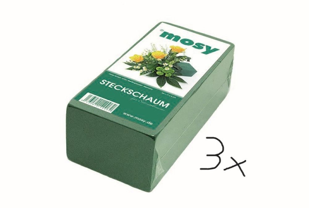 Bastelmoos Steckschaum-Ziegel, 3 Stück, Nass-Steckmasse f. Blumen-Gestecke