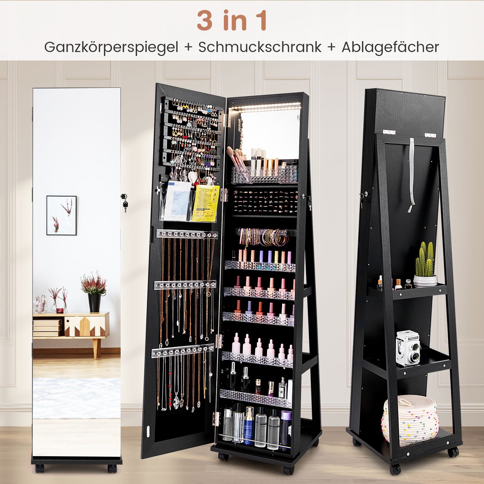 COSTWAY Schmuckschrank mit Spiegel & LED, auf Rollen, stehend, abschließbar