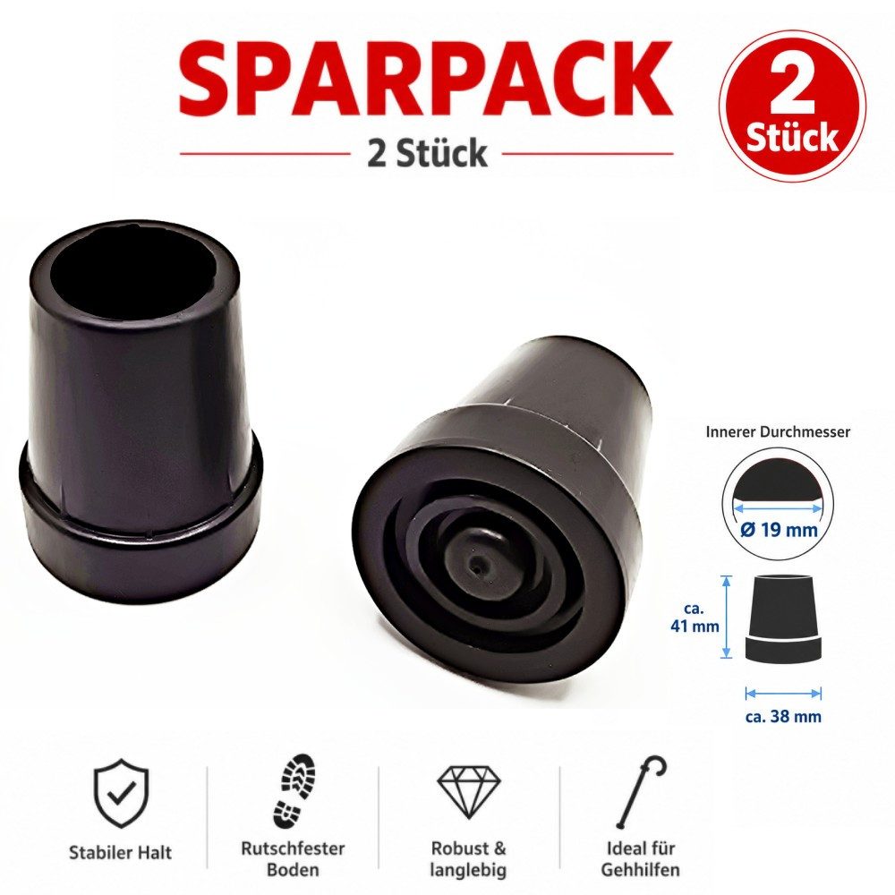 Ware aus aller Welt Gehstock 2er Set Gehstock Ersatzgummi 19 mm schwarz mit Metalleinlage, 2-tlg., mit Metalleinlage, rutschhemmendes Profil