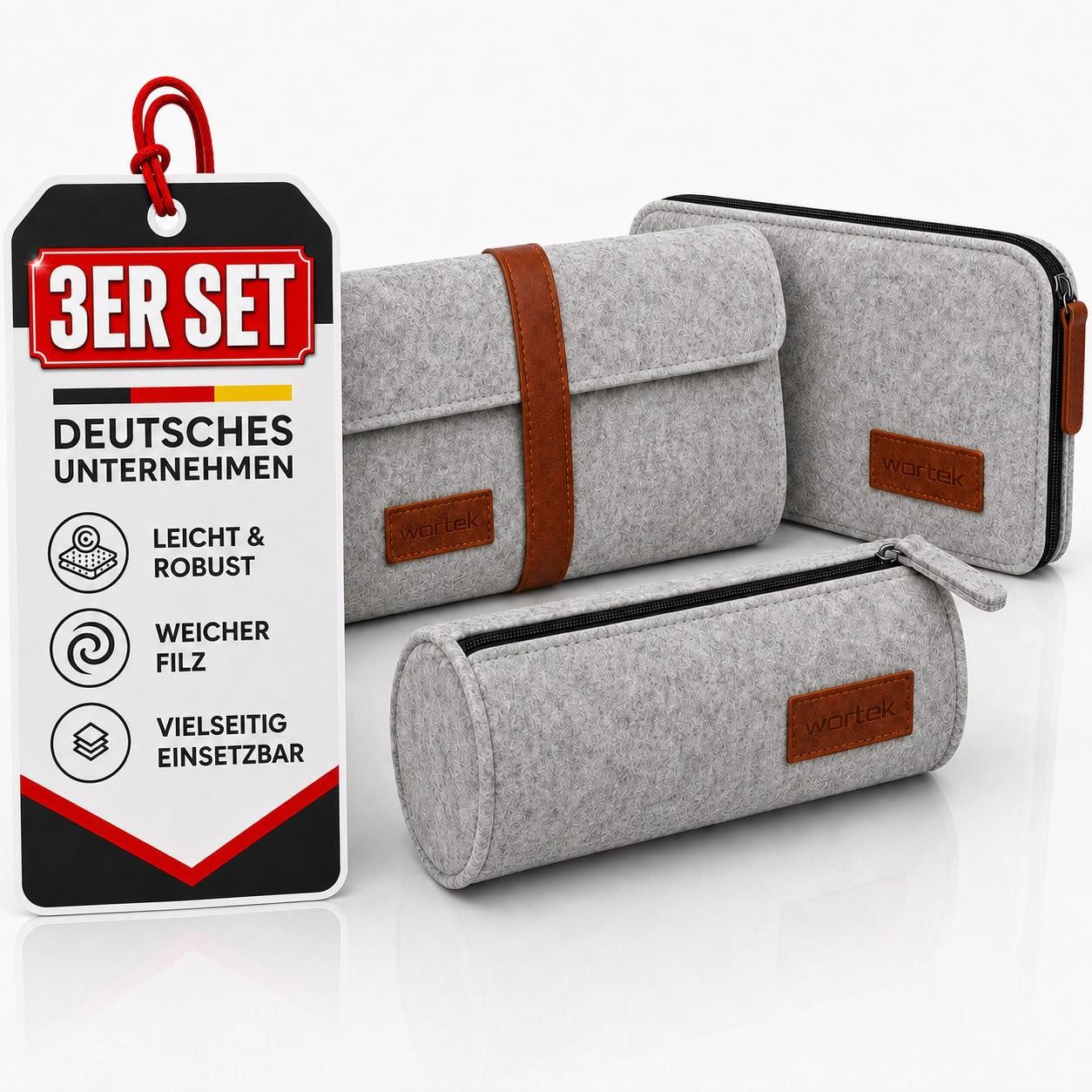 wortek Federmäppchen Filz Federmäppchen, 3fach, 1x Federmappe Mäppchen, 1x Schlampermäppche, (Set, 3-teilig), Filztaschen Etui Mäppchen für Schule & Büro