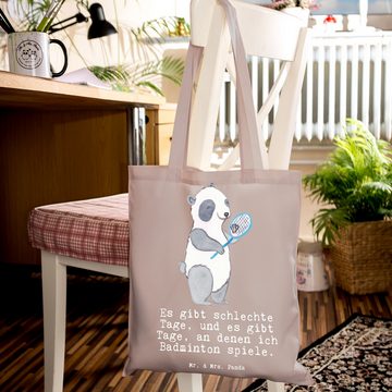 Mr. & Mrs. Panda Tragetasche Panda Badminton - Braun Pastell - Geschenk, Jutebeutel, Einkaufstasc (1-tlg), Cross Stitching Griffe