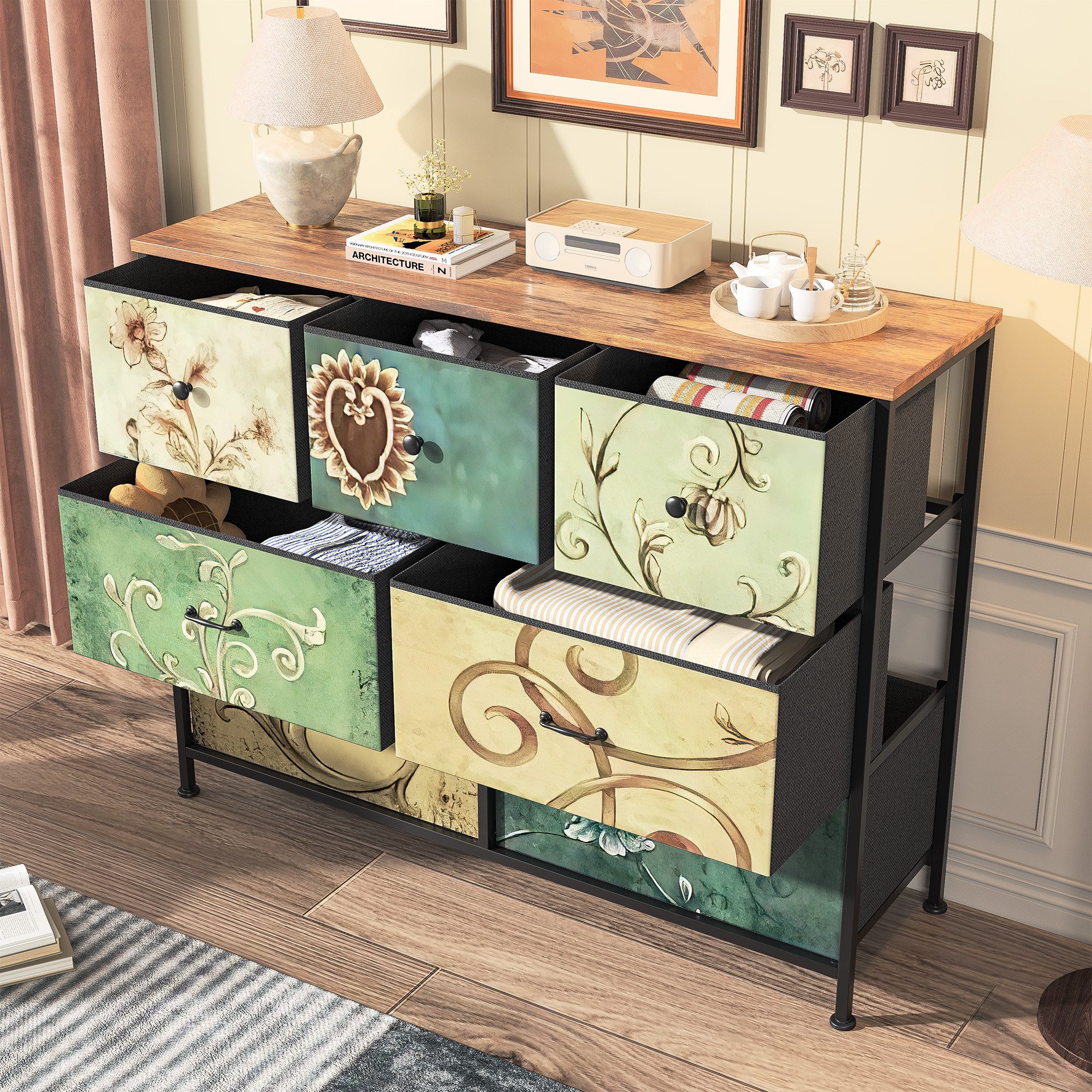 FUROKOY Kommode Stauraumschrank,Schrank Schlafzimmer,Metallrahmen,Retro Stil, Blumenmuster,7 Schubladen
