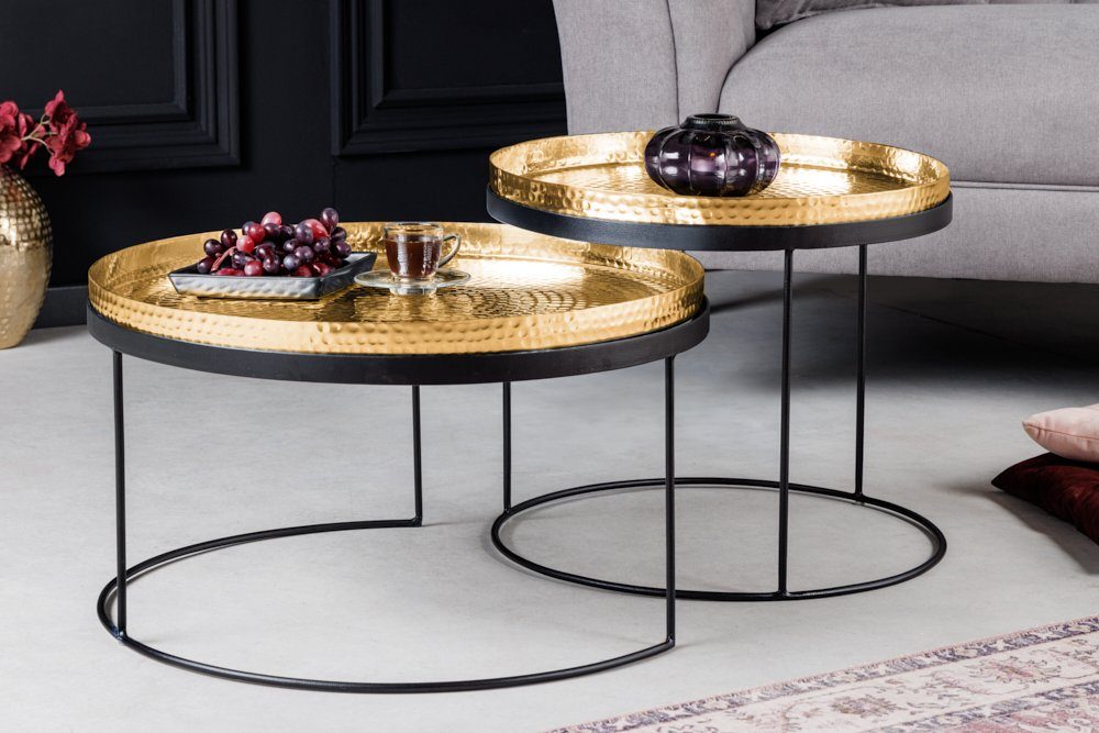 · ELEMENTS rund Metall 2-St), abnehmbare · Ø60cm Design gold Wohnzimmer gold Hammerschlag (Set, · gold / Platte · Couchtisch | schwarz riess-ambiente