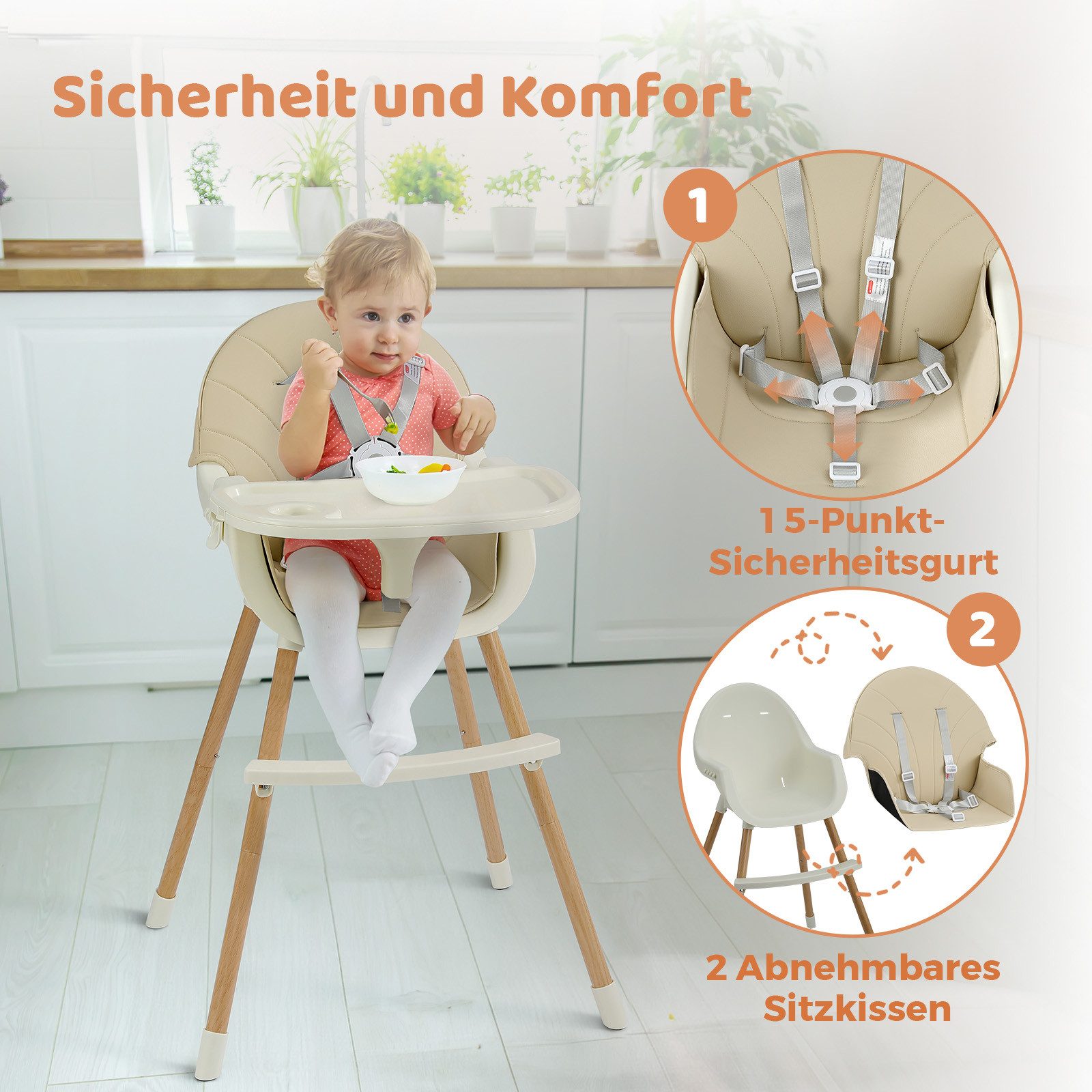 Dripex Kinderstuhl Baby Essstuhl höhenverstellbar mit Holzbeinen, Tablett – Bild 4 von 5