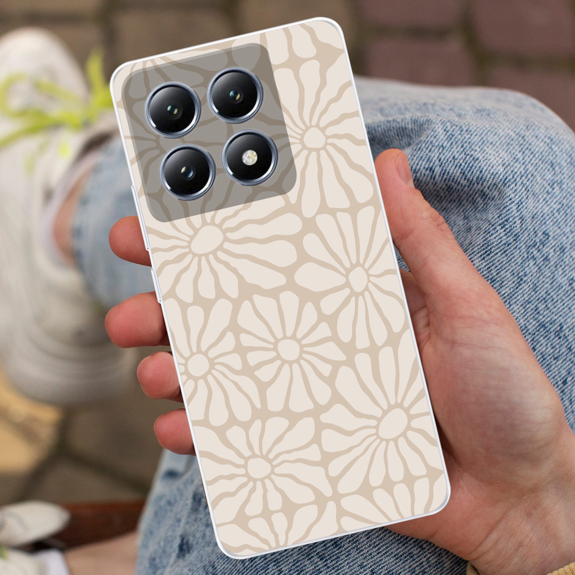 MuchoWow Handyhülle für Xiaomi 14T Floral - Druck - Beige - Braun - Minimalistisch, Handy Case, Silikon, Bumper Case Dünn
