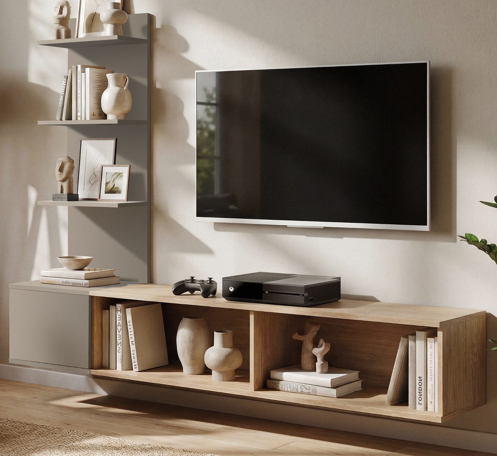 Inn.Furn Lowboard Sense (Set inkl. Wandpaneel mit Regal, 3 St., in Eiche mit Lehm Grau, Breite 180 cm), Soft-Close-Funktion und Push-To-Open