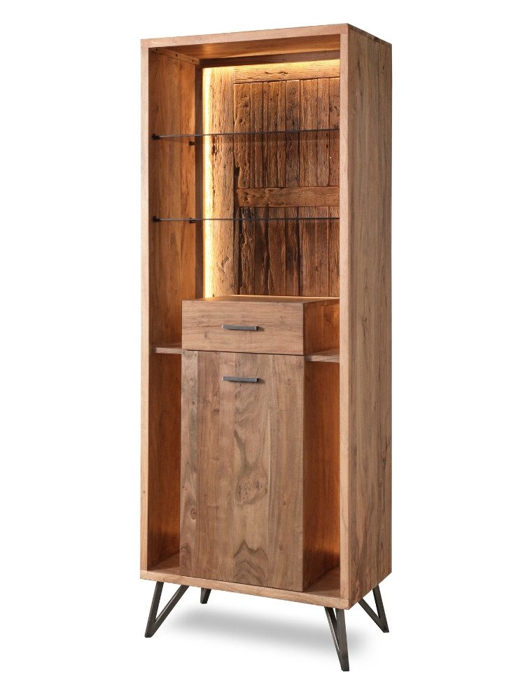 WOLF MÖBEL Highboard (72x40x195 LxBxH (cm), HUDSON Vitrine 1 Tür / 1 Schublade / 2 Glasböden / Licht