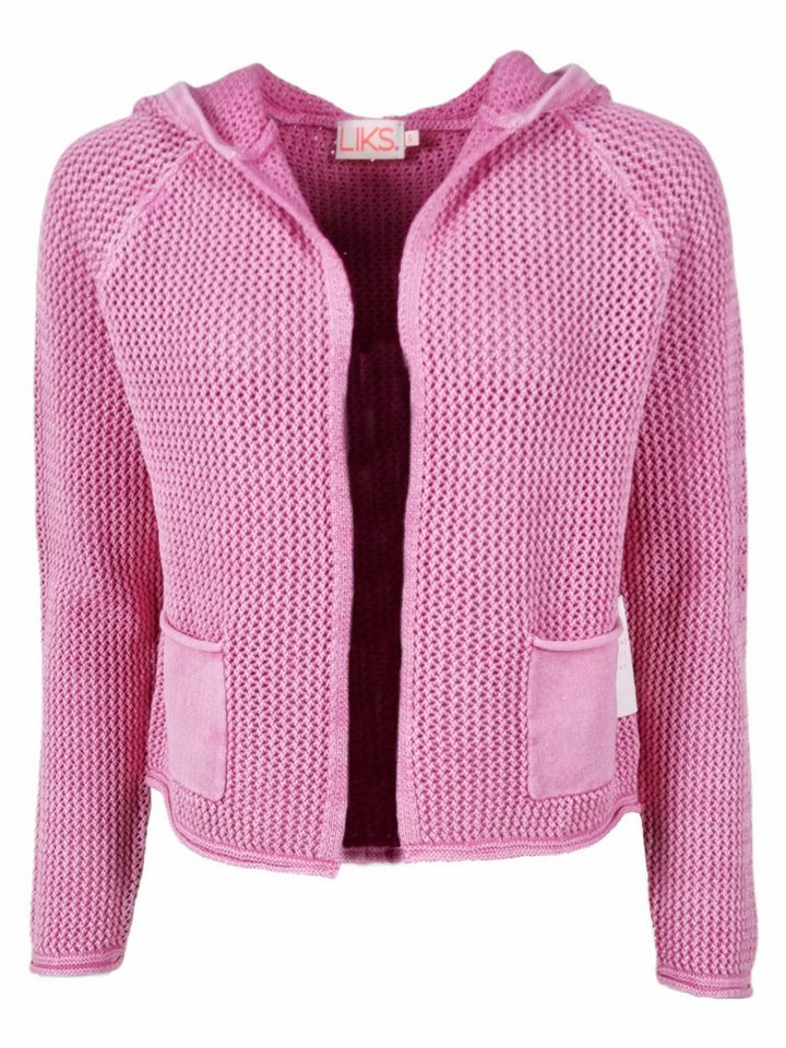 LIKS. Munich Strickjacke offen BlancaC mit Kapuze, aufgesetzten Taschen & eingestricktes Wording am Arm