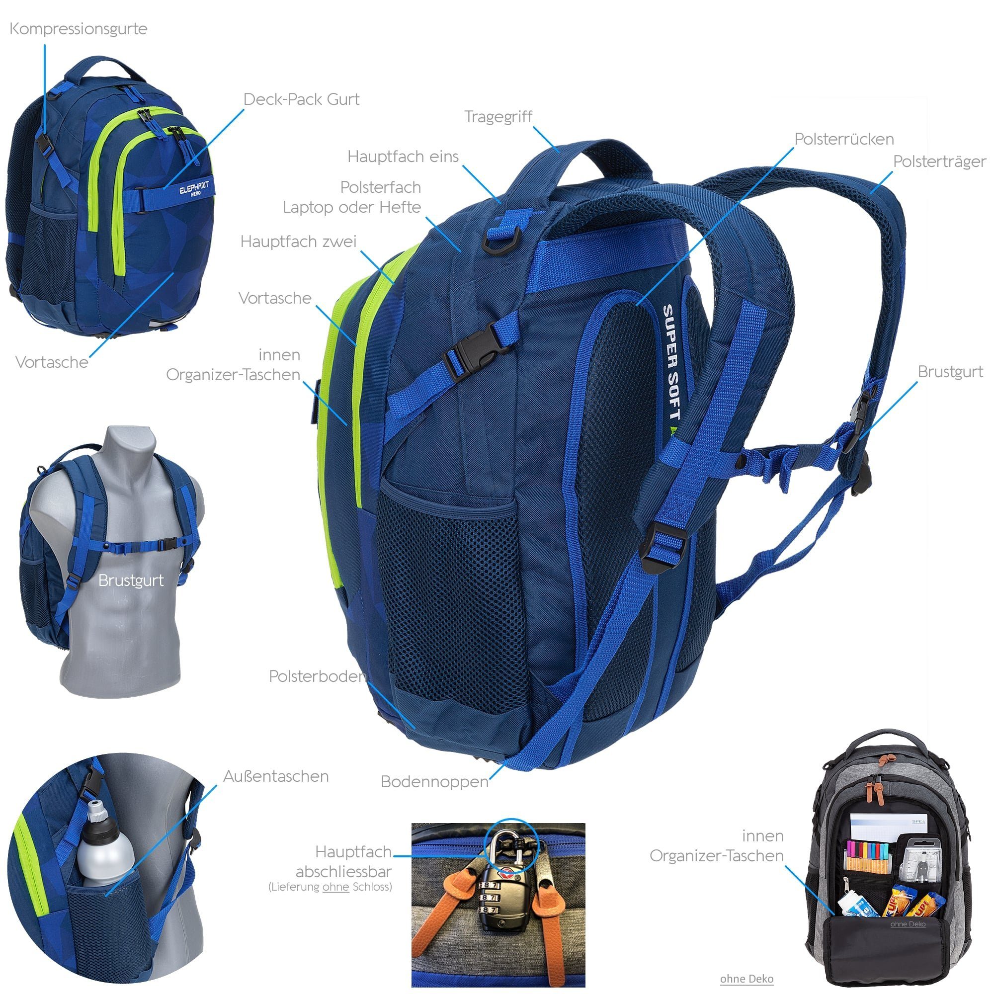 ELEPHANT Schulrucksack Hero Signature Schultasche (2 Teile Set), Rucksack + Mäppchen Box