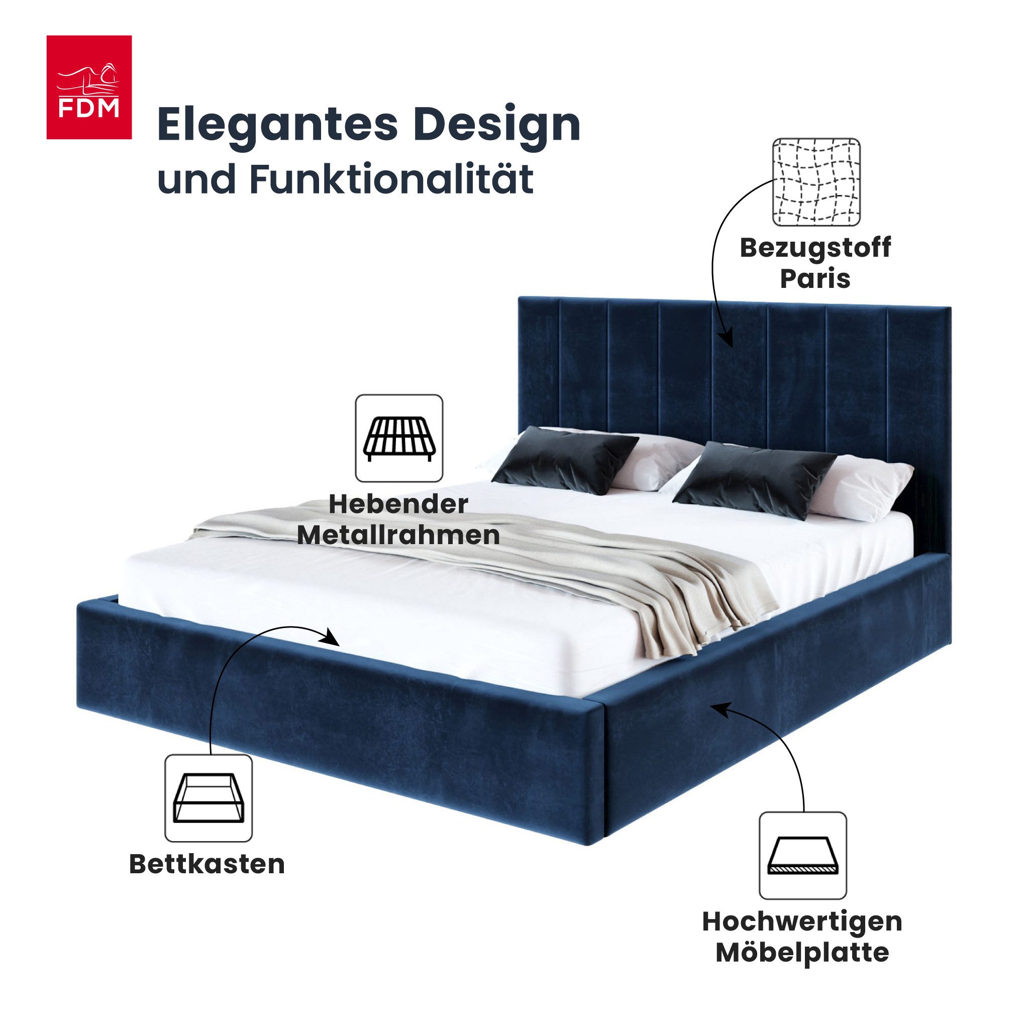 FDM Polsterbett KAJA modern mit Bettkasten MADE IN EU - mit hochwertigem Paris Bezug (verfügbar 90x200 120x200 140x200 160x200 180x200cm, Bettrahmen, Bett, mit großen gepolsterten Kopfteil, mit Bettkasten zum aufklappen), Hebbarer Metallrahmen, Bettkasten, mit/ohne Matratze