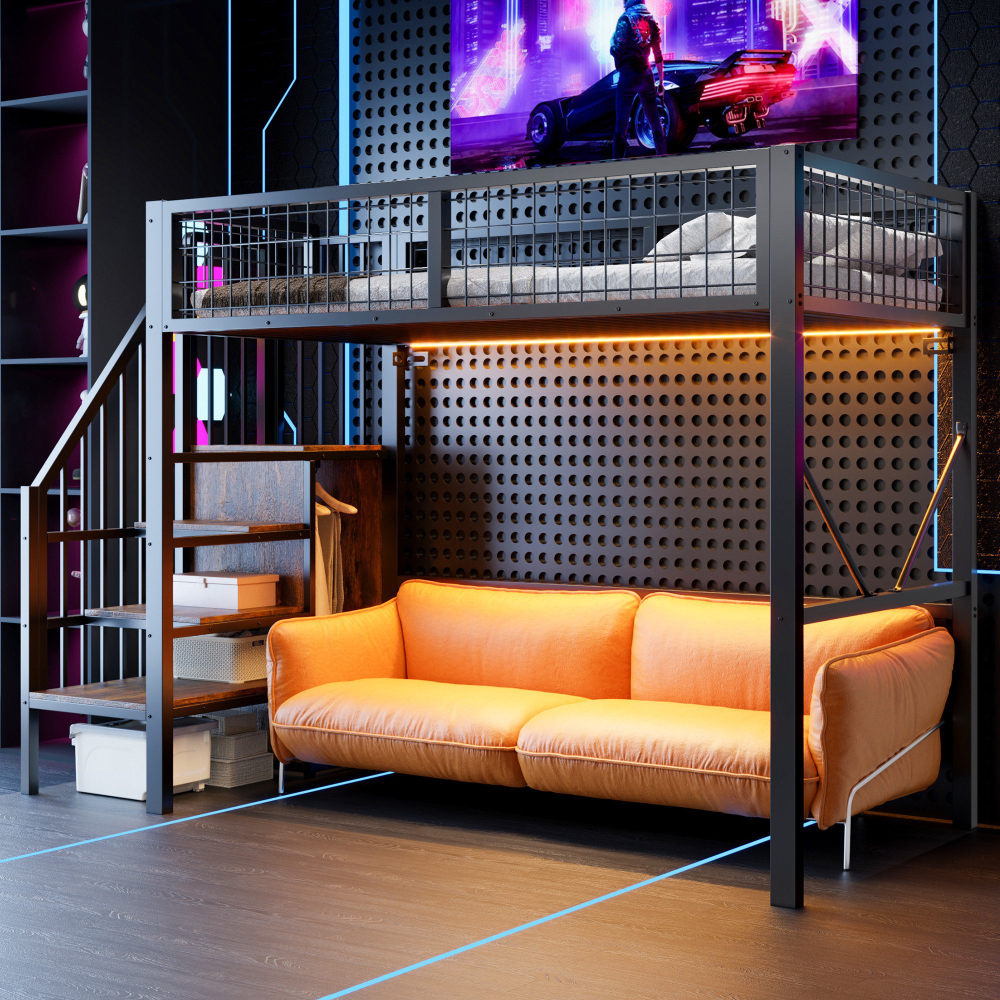 Flieks Hochbett Metallbett 90x200cm mit Stauraumtreppe LED-Leiste Sicherheitsgeländer