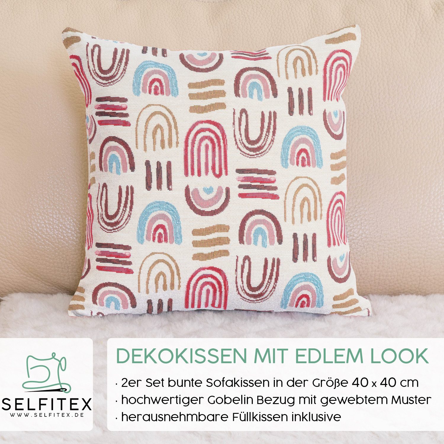 Selfitex Dekokissen mit buntem Muster im 2er Set, 30x50/40x40/50x50 inkl. Füllkissen, hochwertig gewebter Gobelin Kissenbezug mit weichem Füllkissen