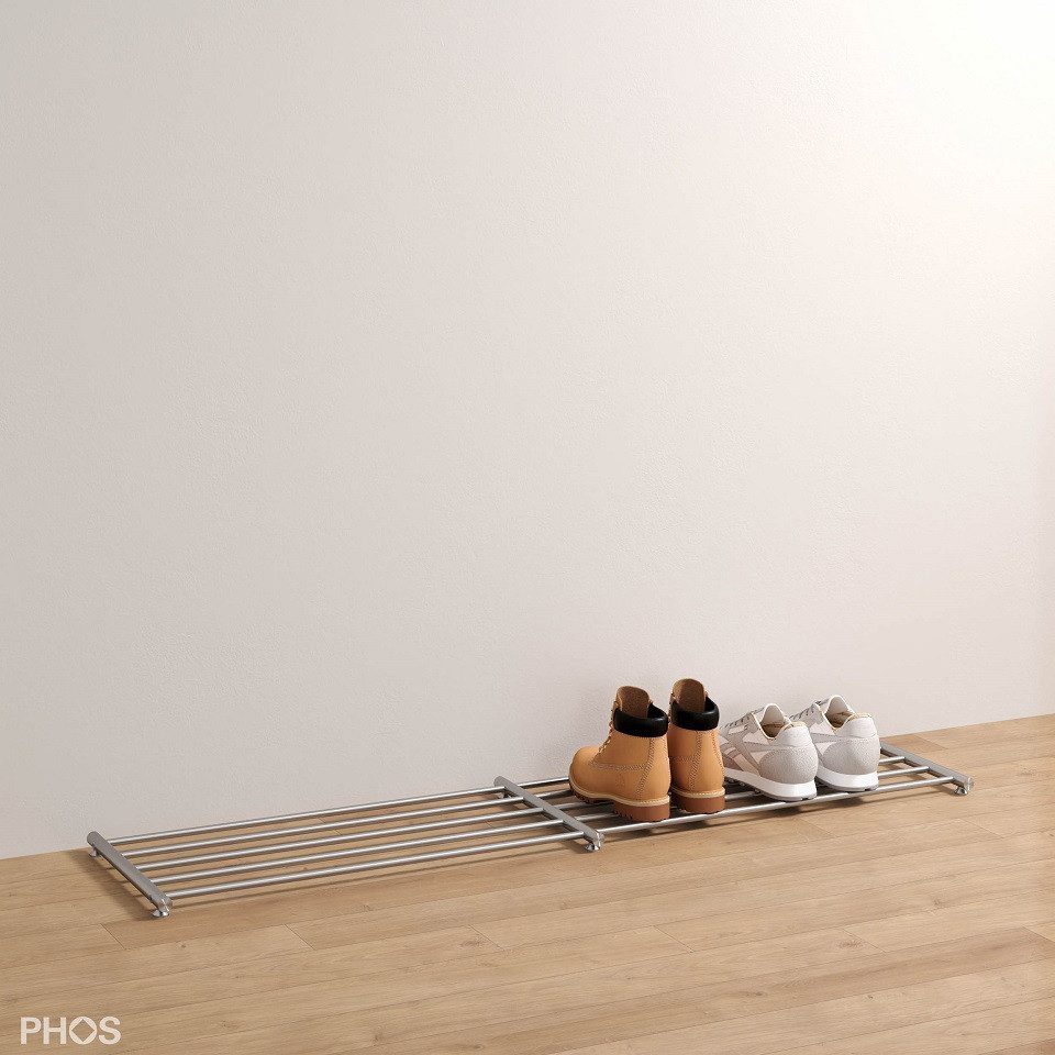 PHOS Design Schuhregal und Schuhablage aus Edelstahl: 30 - 120cm Breite, 1 - 5 Ablageflächen, Modell: SR1200-1, freistehend - 100% Made in Germany