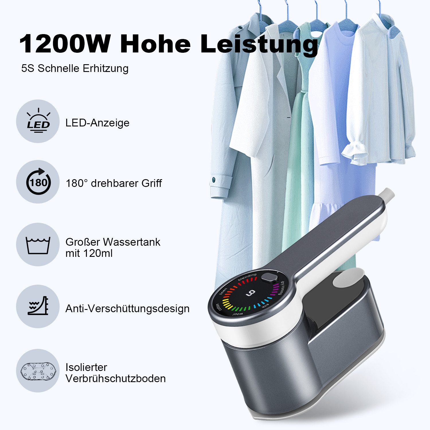 CkeyiN Dampfbügeleisen 2-in-1 Tragbares Bügeleisen 5s Aufheizen 6 Modi LED-Anzeige 120ml Tank, 1200,00 W, 180° drehbarem Griff Trocken-Nass Bügeln Inkl. Hitzeschutzmatte reise