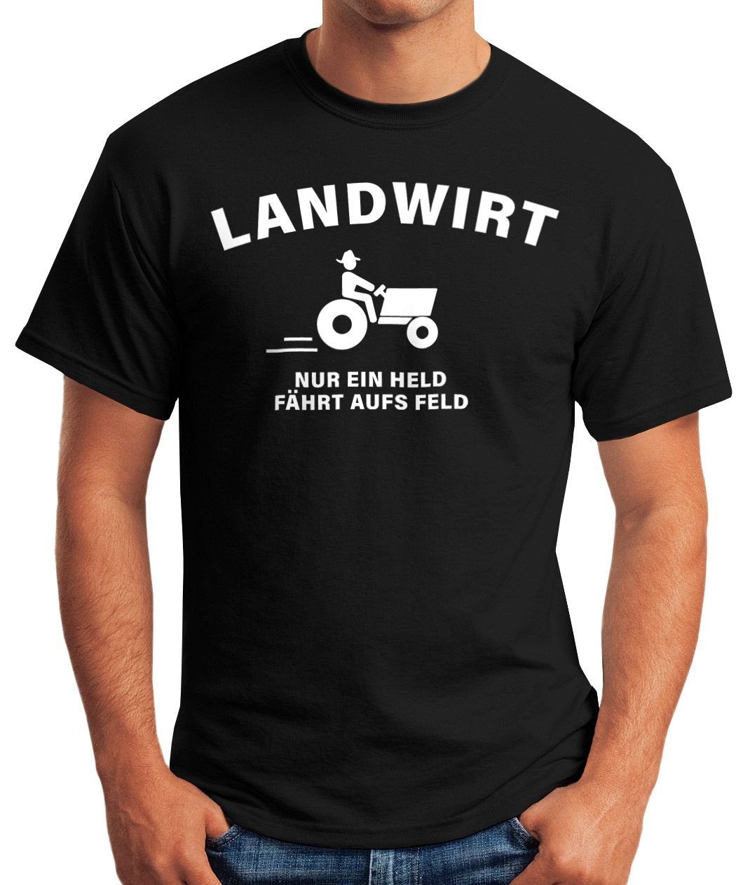 mit held Landwirt Print-Shirt Moonworks® aufs fährt T-Shirt MoonWorks nur ein Feld schwarz Herren Print