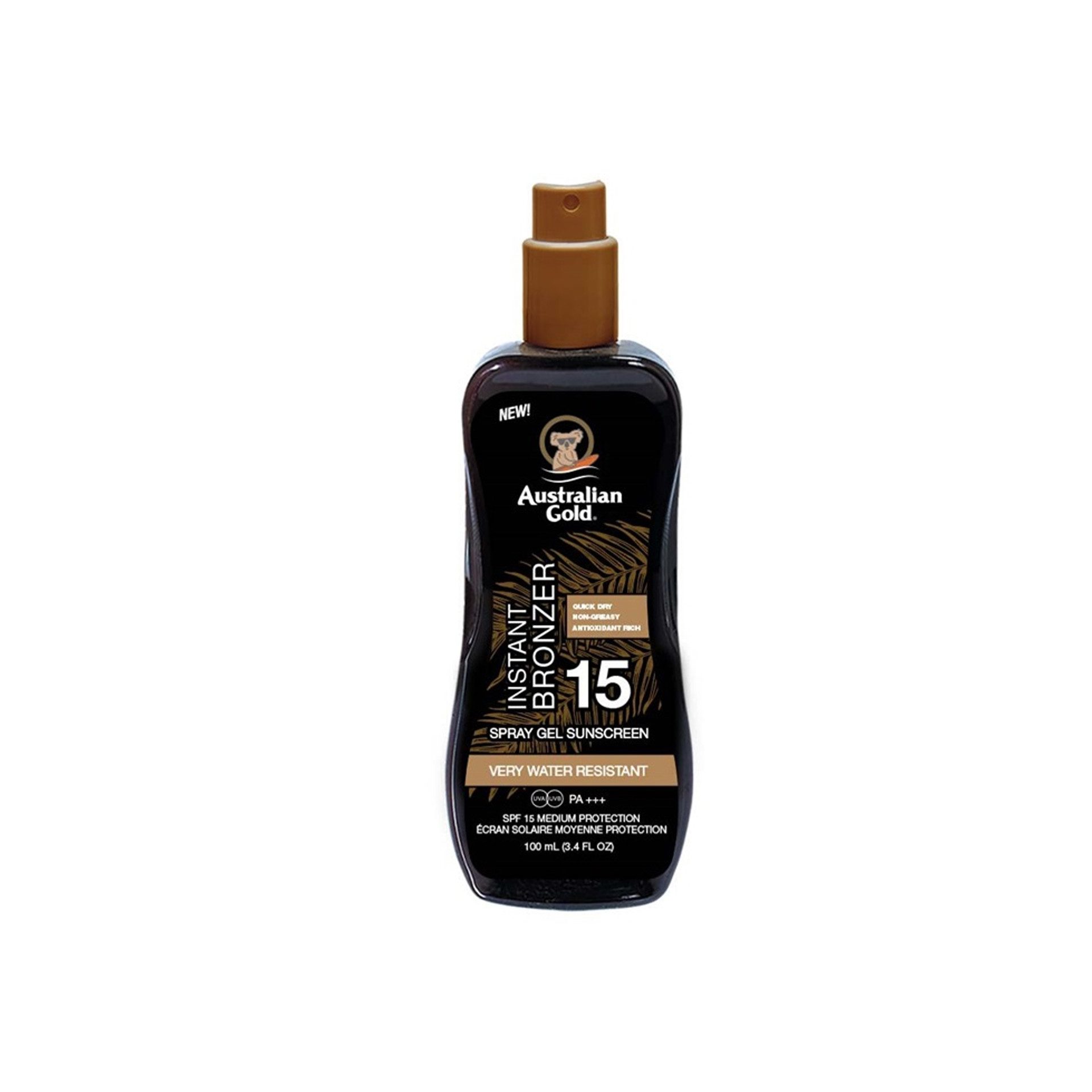 Australian Gold Sonnenschutzcreme Spray SPF 15 + Bronzer 100ml, Karamellbronzer, zieht schnell ein