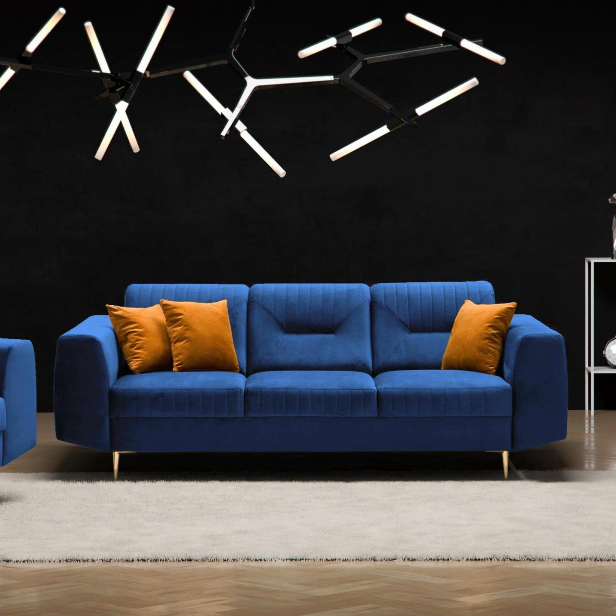 Beautysofa 3-Sitzer VENEZIA, Polstersofa im modernes Design, mit Metallbeine, Dreisitzer Sofa aus Velours Marineblau (solo 263)