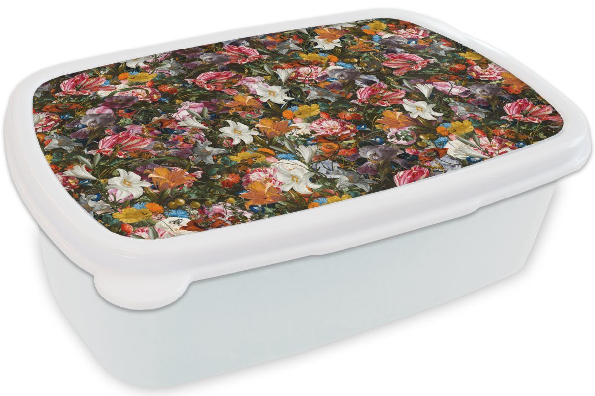 MuchoWow Lunchbox Blumen - Kunst weiß Design Jungs Schmetterling für - Brotbox Kinder Abstrakt - - und Kunststoff, Alte, für Malerei (2-tlg), Brotdose, und Mädchen Erwachsene, - 