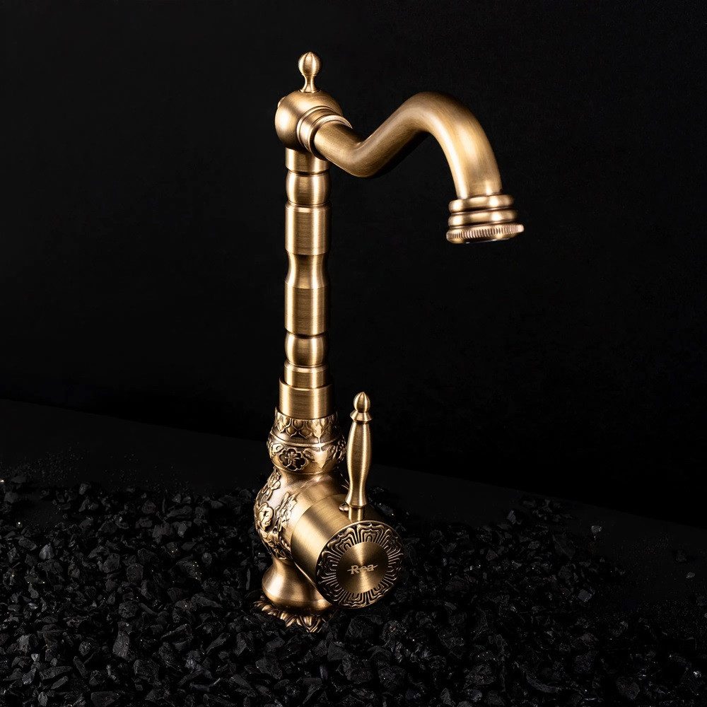 wohnwerk.idee Badarmatur Retro Waschtischarmatur Hoch, Vintage-Design, Edelstahl in gold