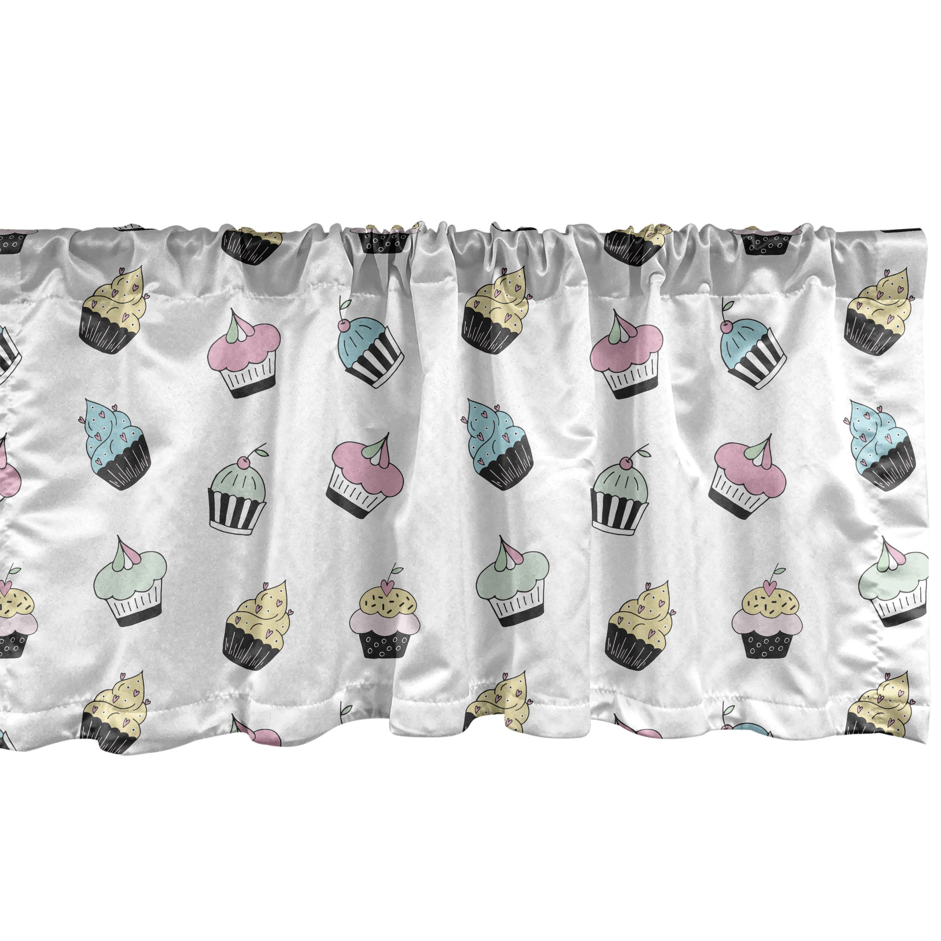 Scheibengardine Vorhang Volant für Küche Schlafzimmer Dekor mit Stangentasche, Abakuhaus, Microfaser, Cupcake Leckere Kuchen-Pastell-Pop-Art