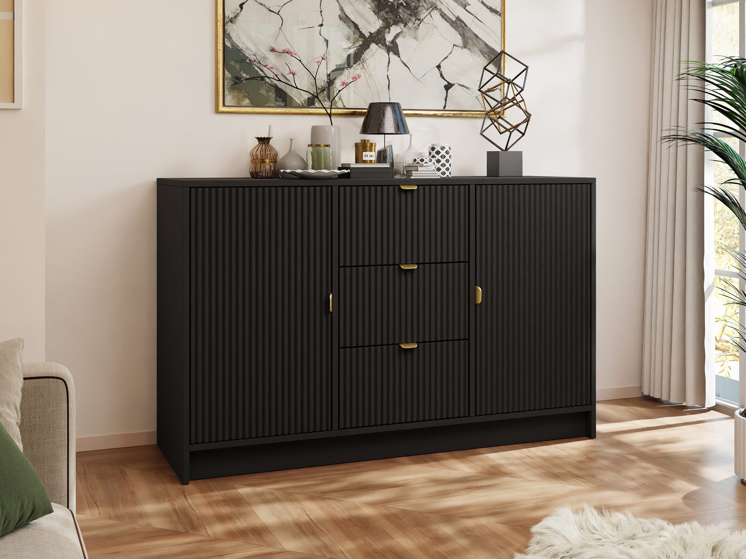 MIRJAN24 Kommode Tireno 2D3SZ (mit zwei Drehtüren und drei Schubladen), Aluminiumgriff in der Farbe Gold – Bild 2 von 5