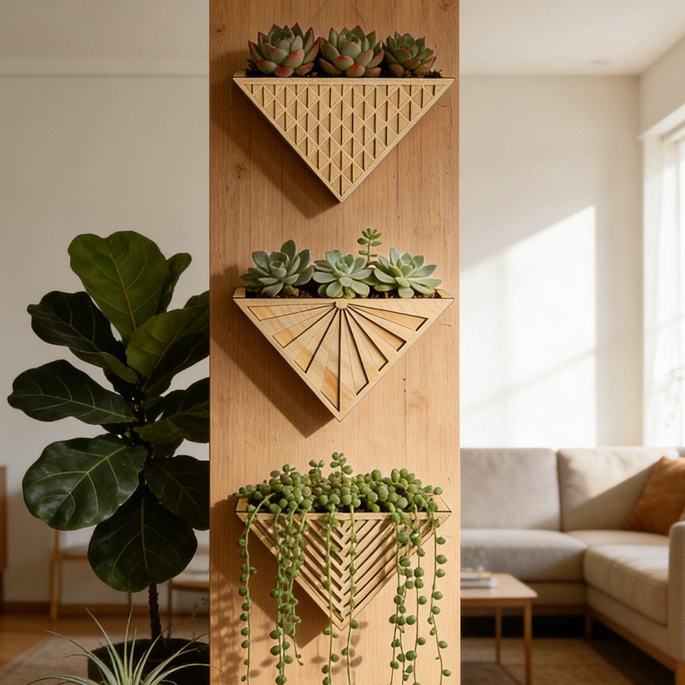 FOUORTUNATE-BEE Deko-Wandregal Wand Blumentopf Dreieck Pflanzenhalter Wanddeko Hängepflanzer, Für Wohnzimmer Balkon Garten Wanddeko mit Kunstpflanzen modern