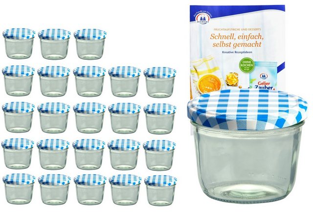 MamboCat Einmachglas “24er Set Sturzglas 230 ml To 82 blau karierter Deckel incl. Diamant-Zucker Gelierzauber Rezeptheft”