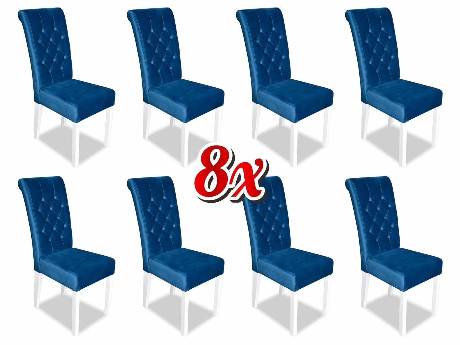Design Sessel Lehn Blau Polster Klassische Stuhl, 8x Chesterfield Holz Stühle JVmoebel Stuhl Textil