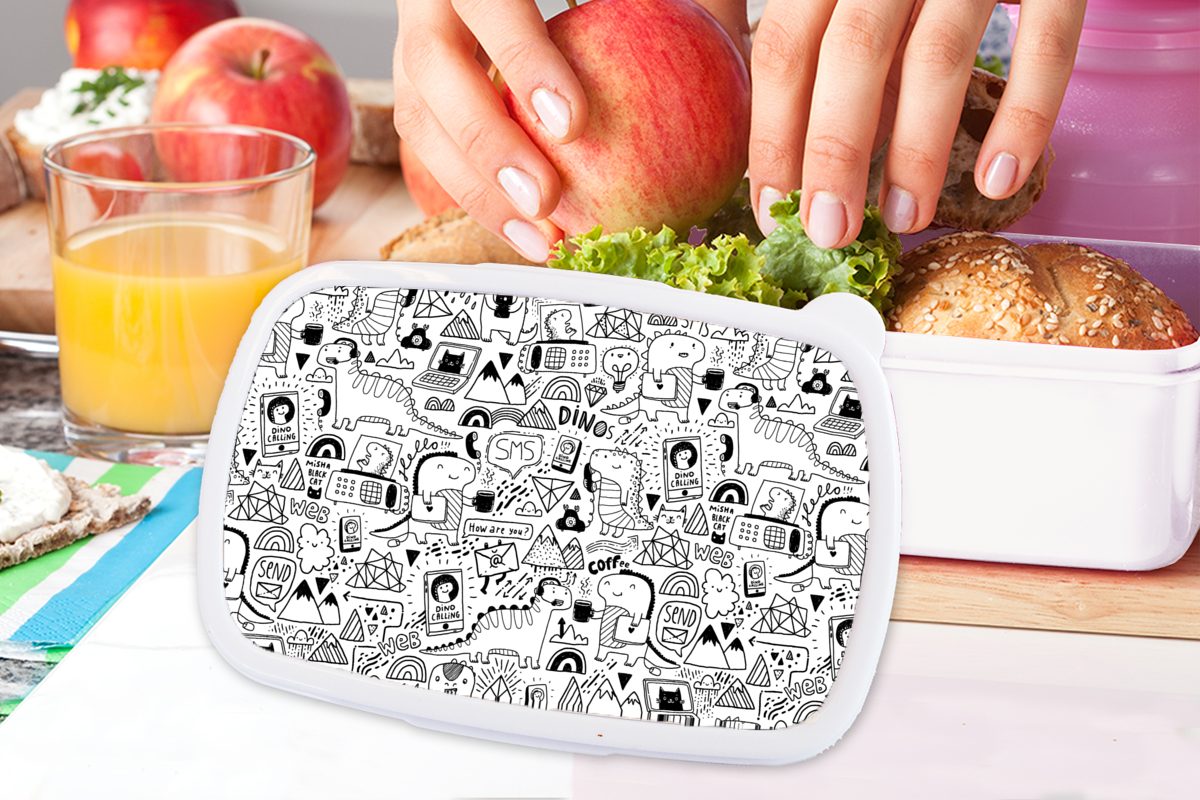 Kunststoff, (2-tlg), Lunchbox weiß Mädchen Muster und Brotdose, Telefon, für - Erwachsene, Jungs Dinosaurier MuchoWow Brotbox für - Kinder und