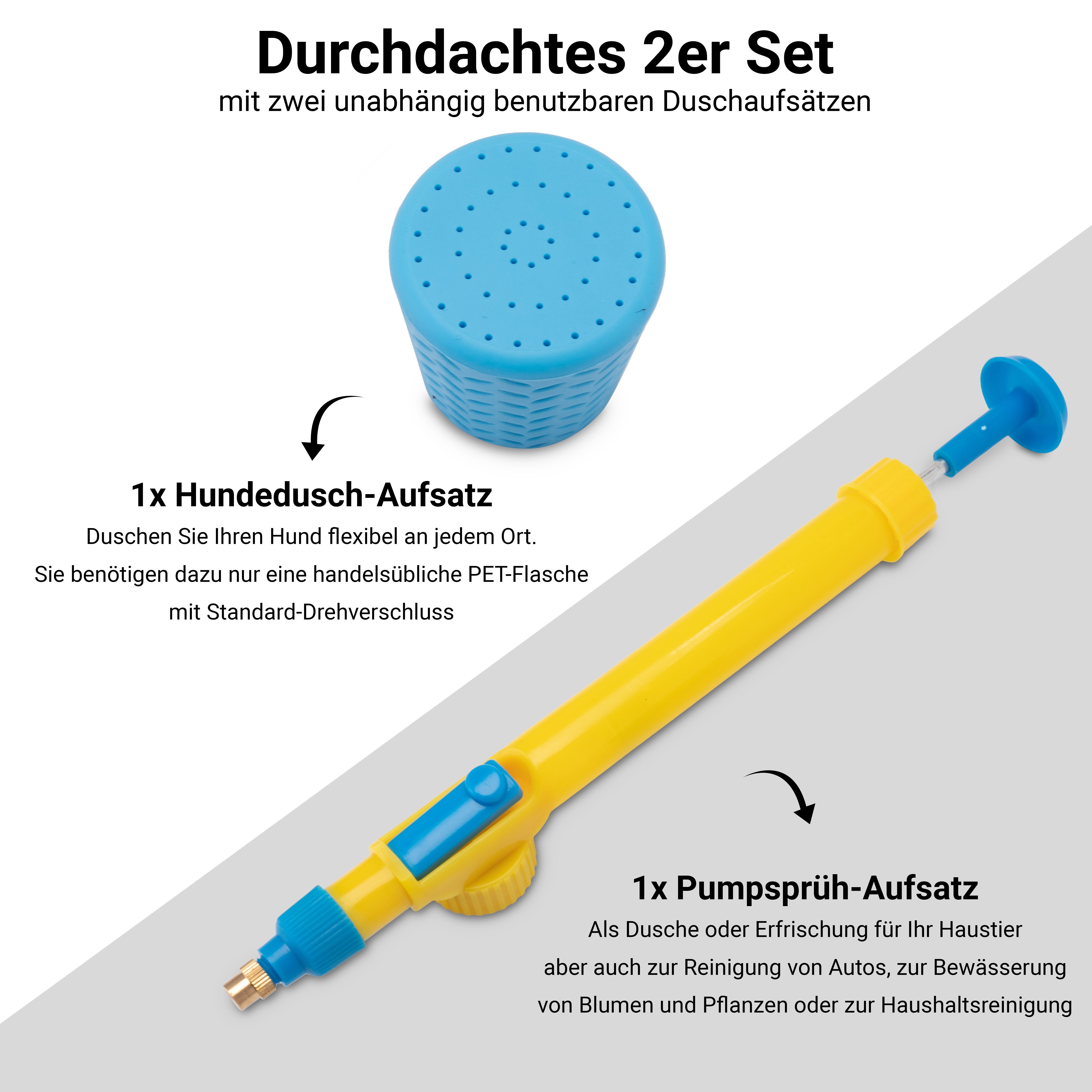 FinoPet Hundebademantel 2er Set mit verschiedenen Hundeduschen, Reisedusche, Outdoor-Dusche, Für alle gängigen PET-Flaschengrößen mit Standard-Drehverschluss