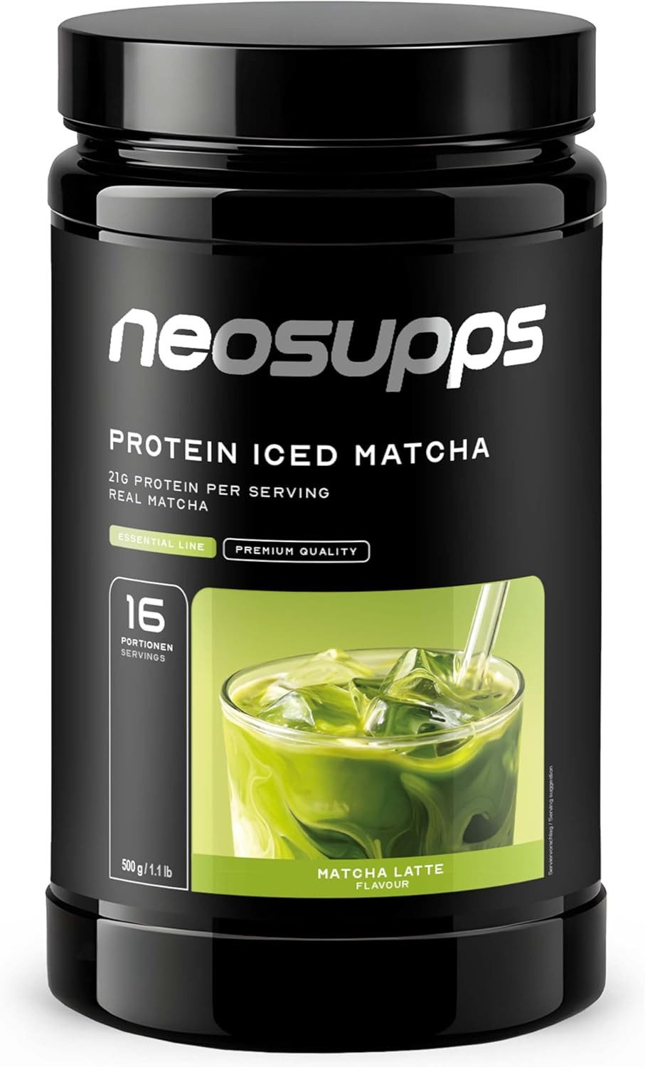 Neosupps Protein Iced Matcha Latte 500g, mit echtem Matcha, 21g Eiweiß Pulver, 500 g, Protein Shake mit Koffein, Matcha Grünteepulver, Kaffee Ersatz