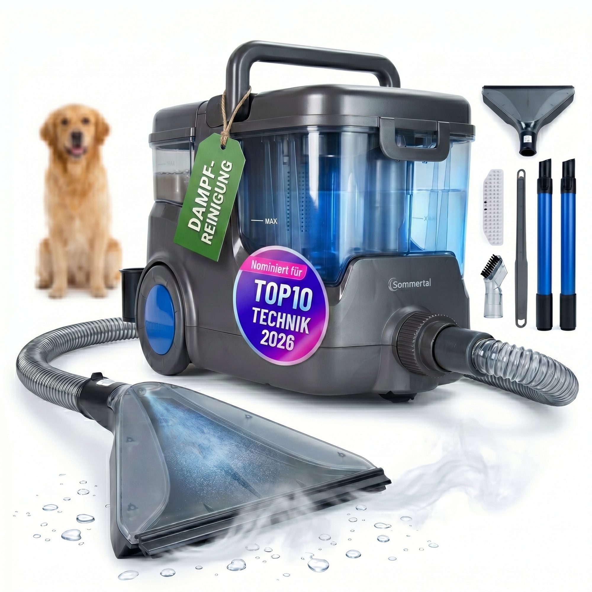 Sommertal Teppichreinigungsgerät Sommertal HYDRO 9000 MAX Waschsauger – 1.000W & 28 kPa, 1000 W, Teppichreiniger & Polsterreiniger mit Dampfsauger & Nasssauger