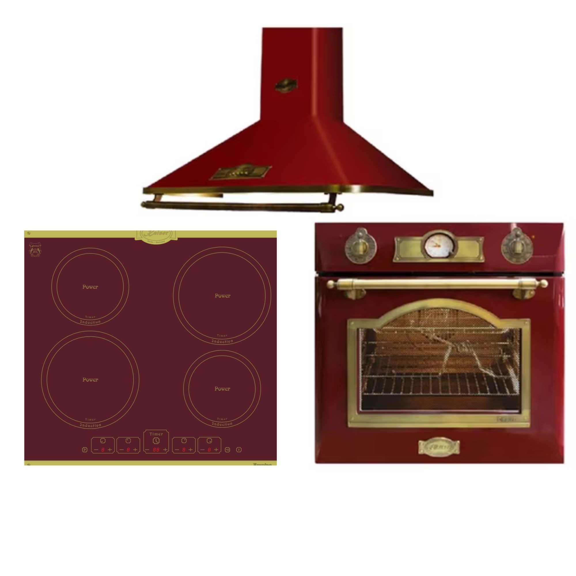 Kaiser Küchengeräte Backofen-Set Elektro Einbau Backofen Autark 60cm 67L+Dunstabzugshaube 60 cm+Induktionskochfeld 60 cm Autark Bordeaux Eh 6355 RotEm+A 6315 RotEm+KCT 6195 iRotEm, mit 1-fach-Teleskopauszug