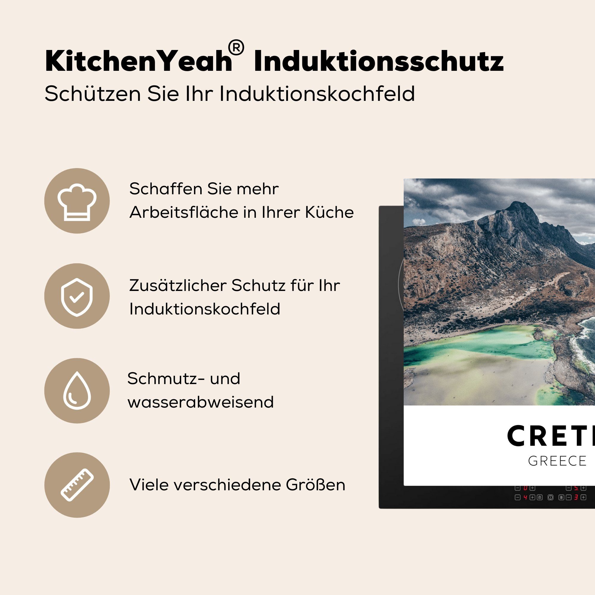 für küche Arbeitsplatte 78x78 - Herdblende-/Abdeckplatte Griechenland Ceranfeldabdeckung, (1 tlg), Vinyl, Berge, cm, MuchoWow Kreta -