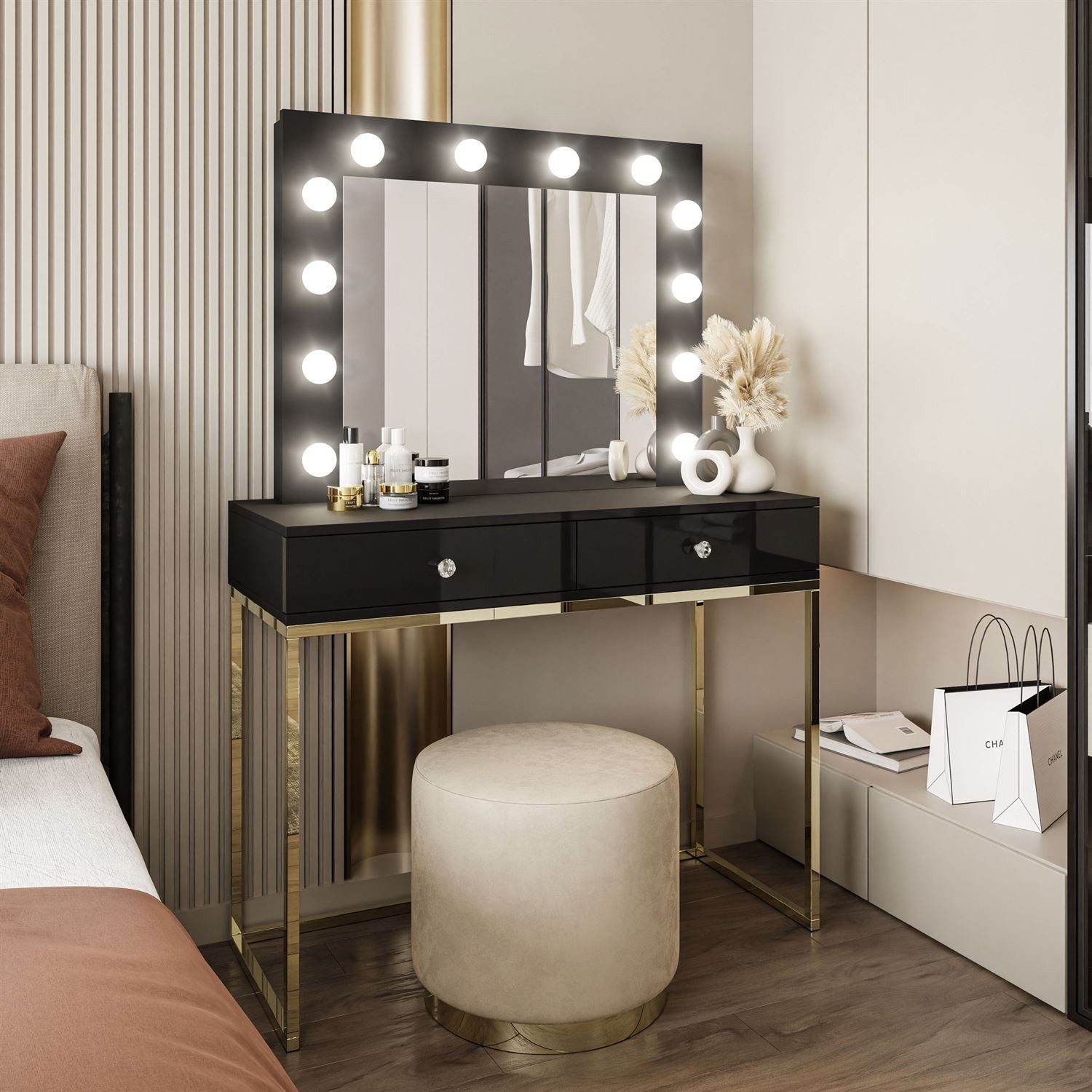 Lookway Schminktisch BLANCO GOLD CHROM mit Spiegel und Beleuchtung