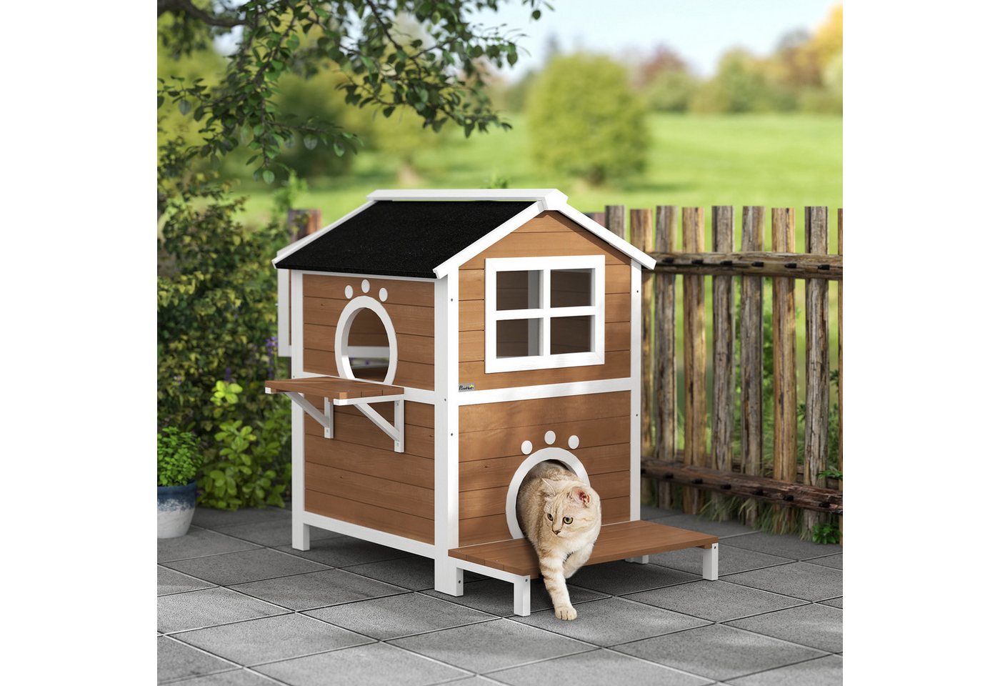 Thumbnail - PawHut Tierhöhle Katzenhaus aus Holz Katzenhöhle mit Fenster, Balkon, für 1-2 Katzen, Indoor, Outdoor, 66 x 66 x 90 cm, ...