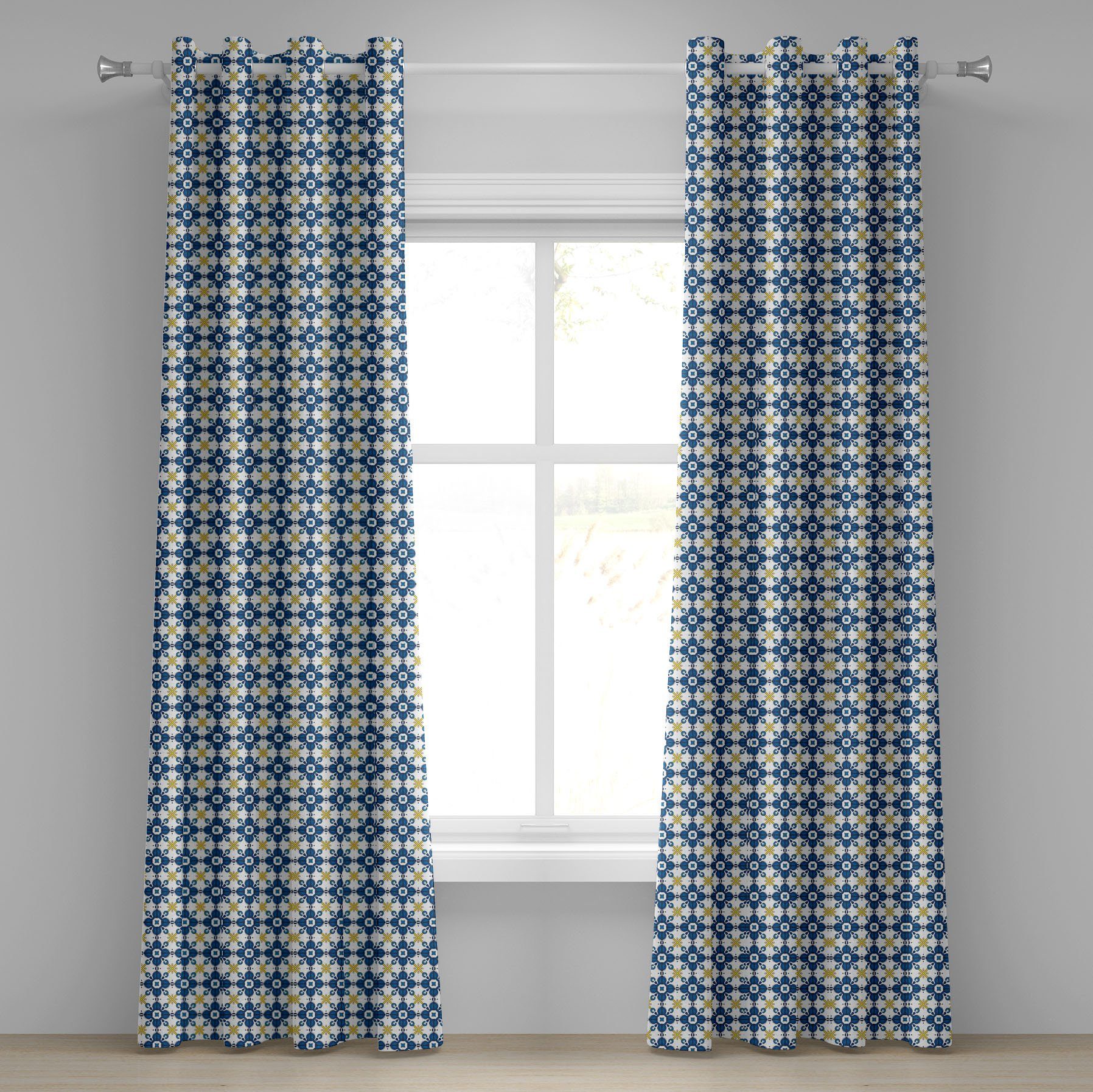 Gardine Dekorative 2-Panel-Fenstervorhänge für Schlafzimmer Wohnzimmer, Abakuhaus, Ethnisch Traditionelle Azulejo Fliese
