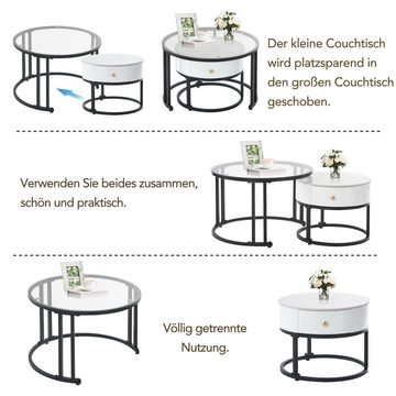 OBOSOE Couchtisch Elegantes zweiteiliges weißes Couchtisch-Set (2er Set), Glas, Marmor-Schieferplatte und Massivholzschubladen