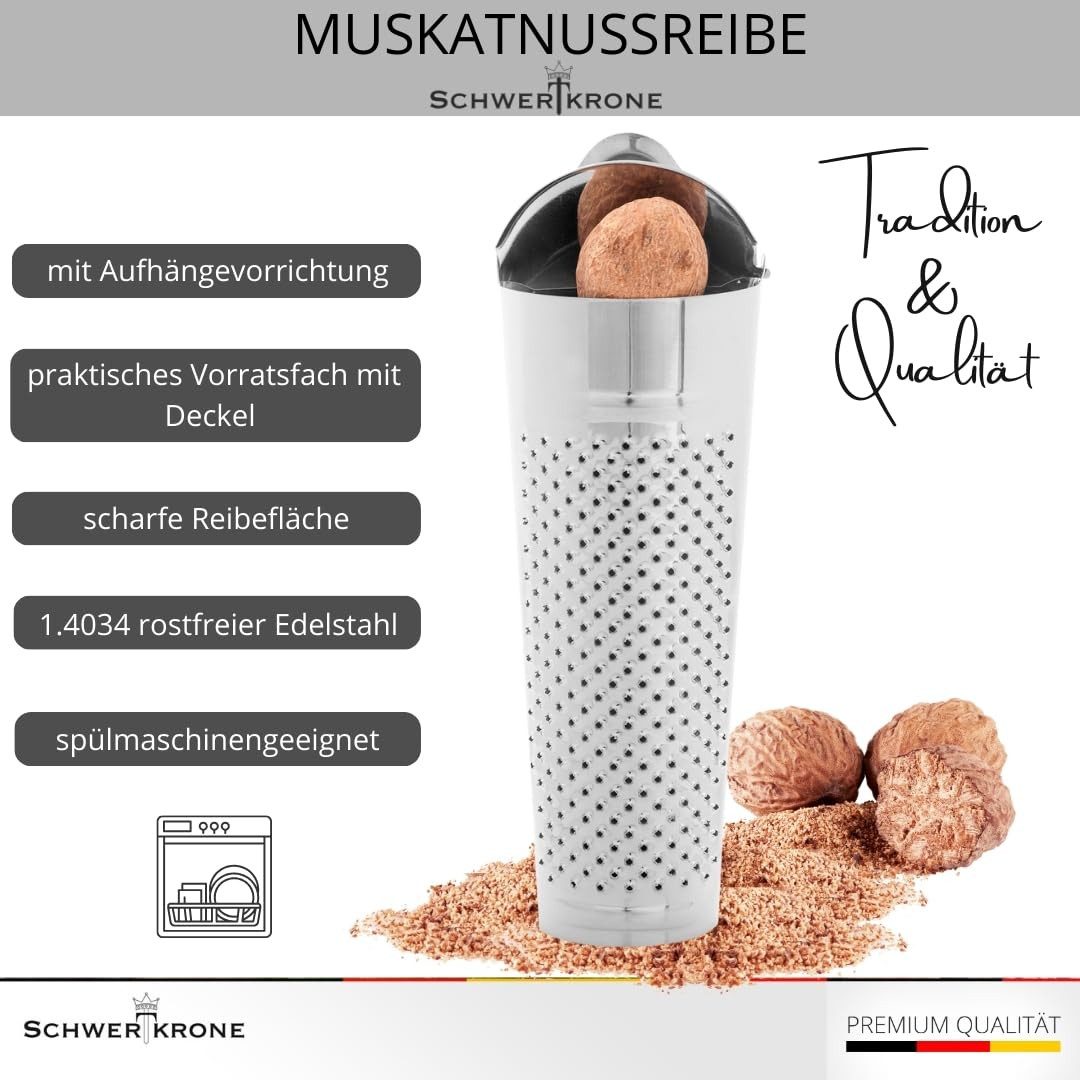 Schwertkrone Muskatmühle Muskatnuss Reibe Muskatreibe Zitronenschale Muskatnüsse mit Behälter, (1 Stück), 11 cm Edelstahl, Praktische