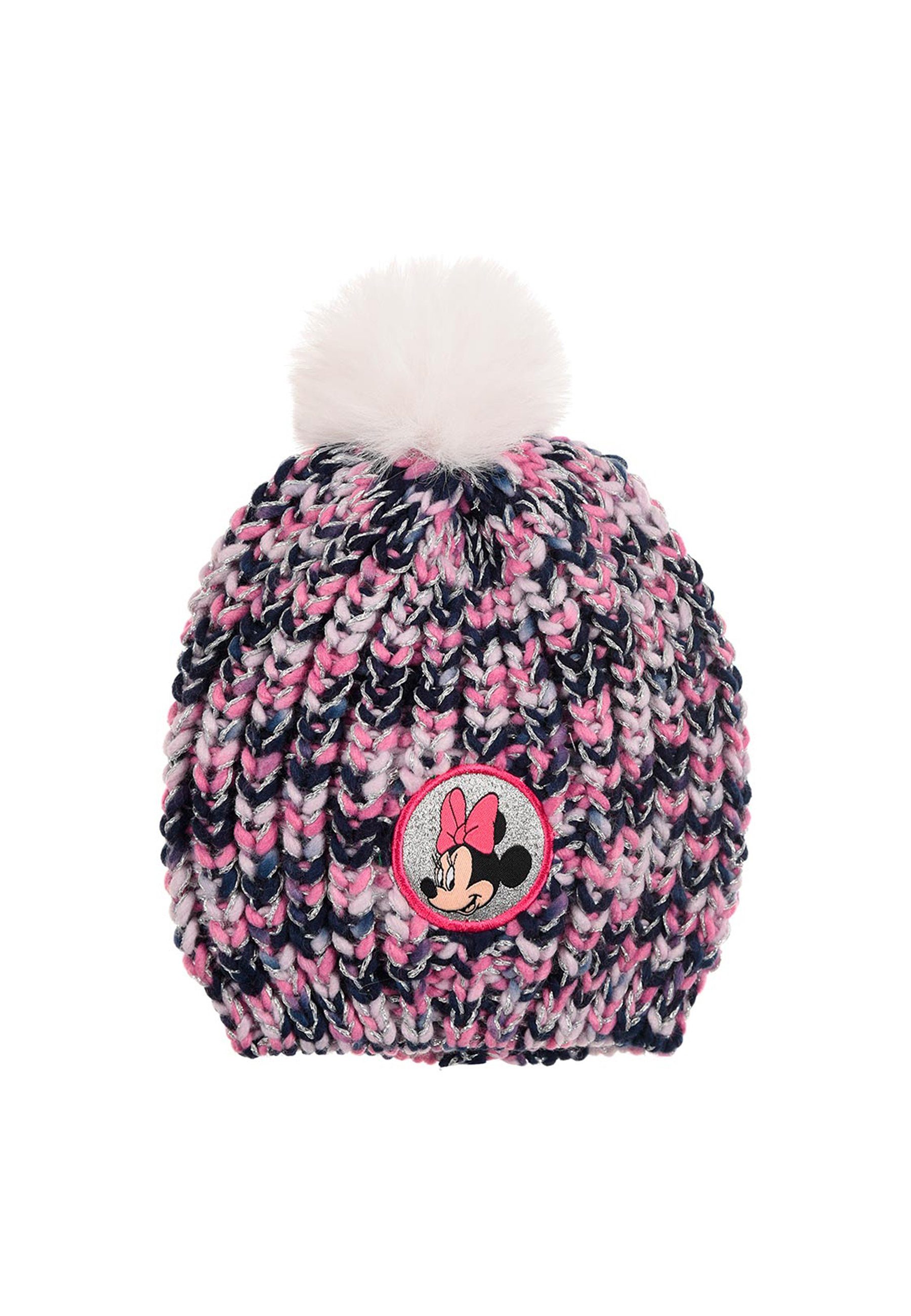 Disney Minnie Mouse Bommelmütze Kinder Mädchen Winter-Mütze Strick-Mütze mit Kunstpelz Bommel Lila