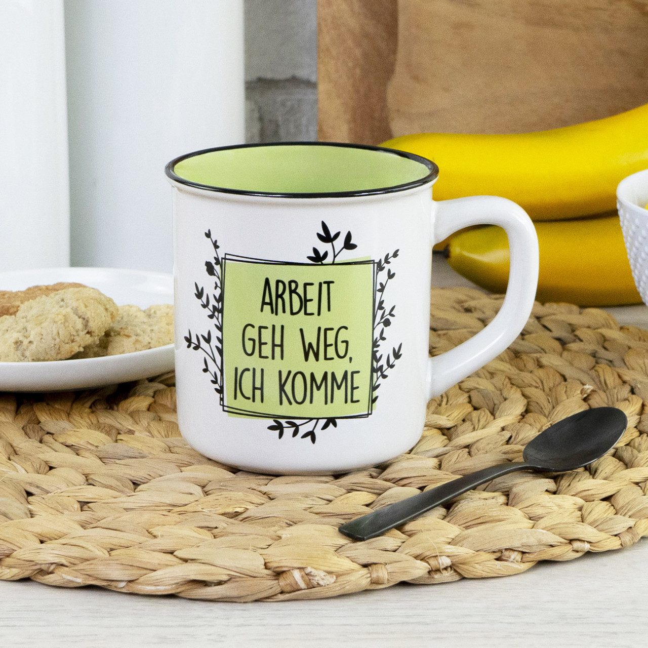 Geda Labels GmbH Tasse Arbeit geh weg, 1-tlg., Keramik, Grün, 400ml, spülmaschinengeeignet