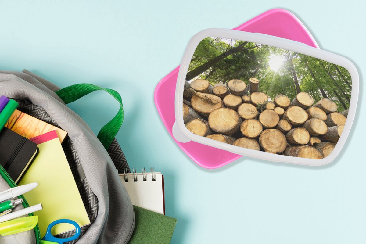 Brotbox Kunststoff, Lunchbox für Erwachsene, Kunststoff Kinder, Bäume - Mädchen, rosa MuchoWow Snackbox, (2-tlg), Brotdose Wald, - Holz