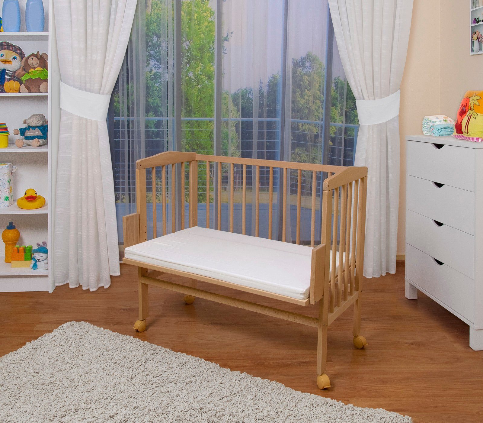 Waldin Beistellbett 2in1 mit Matratze, höhenverstellbar, Rollen, Buche massiv