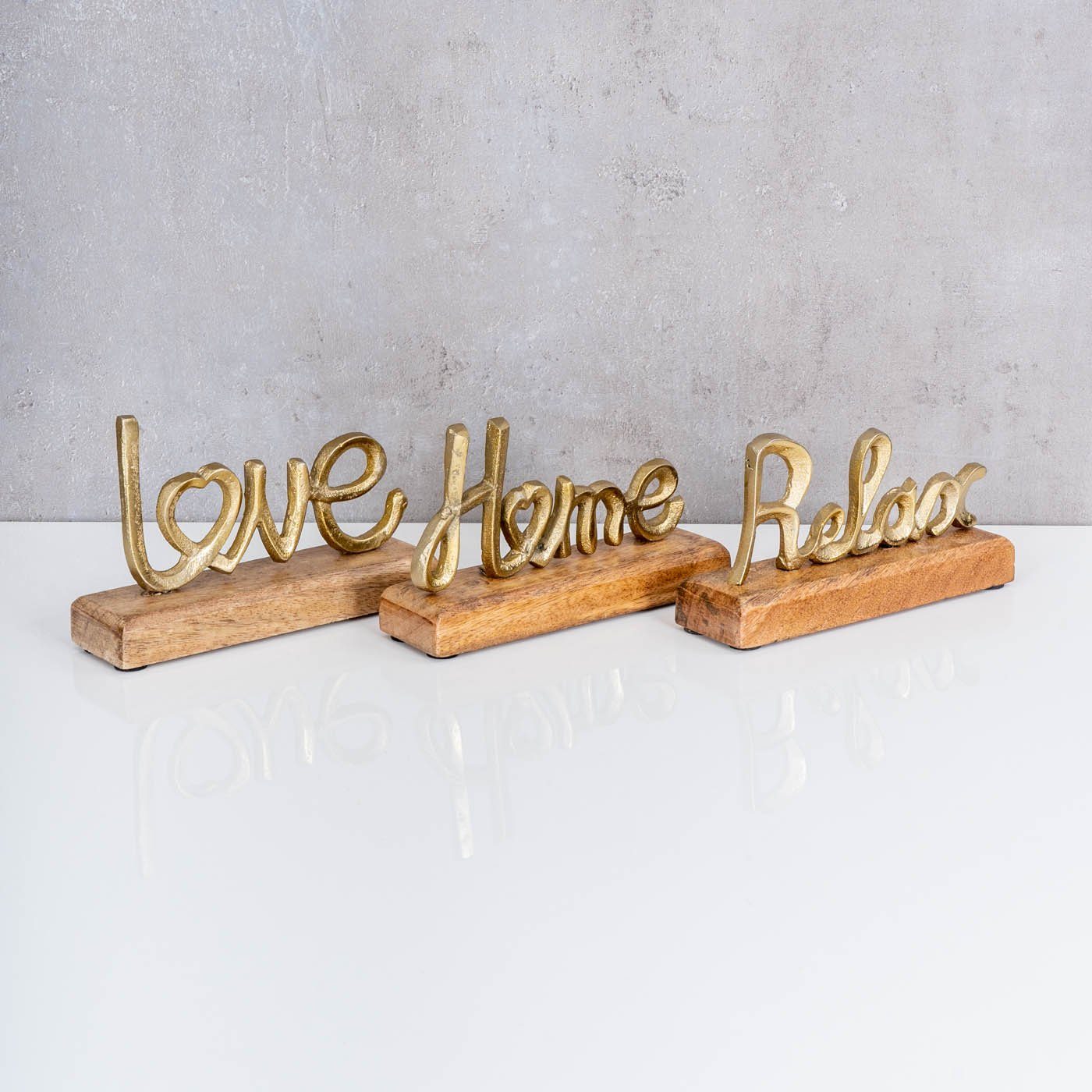 Levandeo® Deko-Schriftzug, 3er Set Schriftzug Metall Relax Gold Home Love Mango Aufsteller Holz