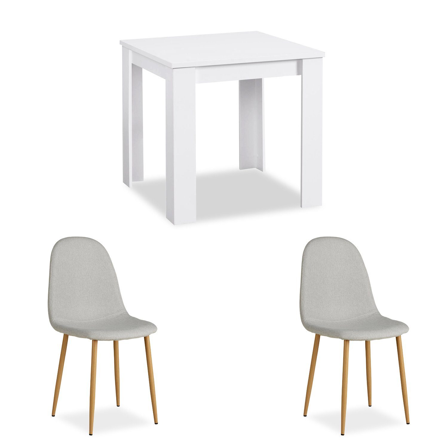 Homestyle4u Essgruppe Esstisch mit 2 Stühlen 80x80 cm Weiß Polsterstuhl, (Komplett-Set, 3-tlg., Küchentisch inklusive 2 grauer Polsterstühle)