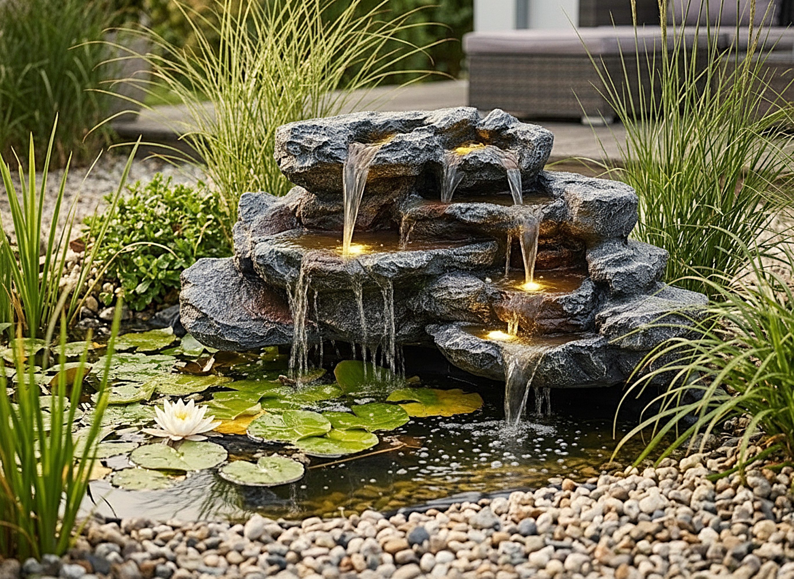 Arnusa Wasserfall Bachlauf für Teich große Kunstfelsen Kaskade mit Beleuchtung und Pumpe, 100 cm Breite, (BK-T300), Teichdekoration Springbrunnen mit warmweißen LED's