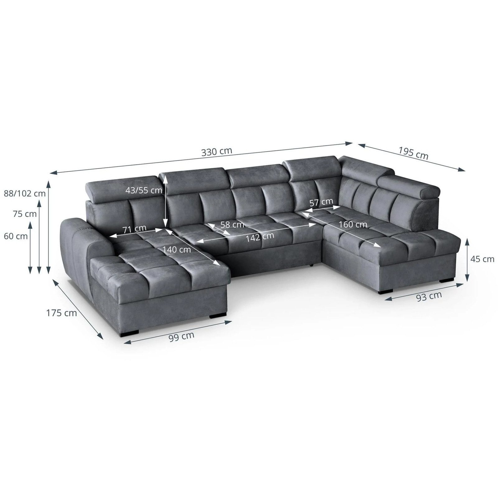 Beautysofa Polsterecke U-FORM Gomez U, mit verstellbaren Kopfstützen, Schlaffunktion und zwei Bettkasten