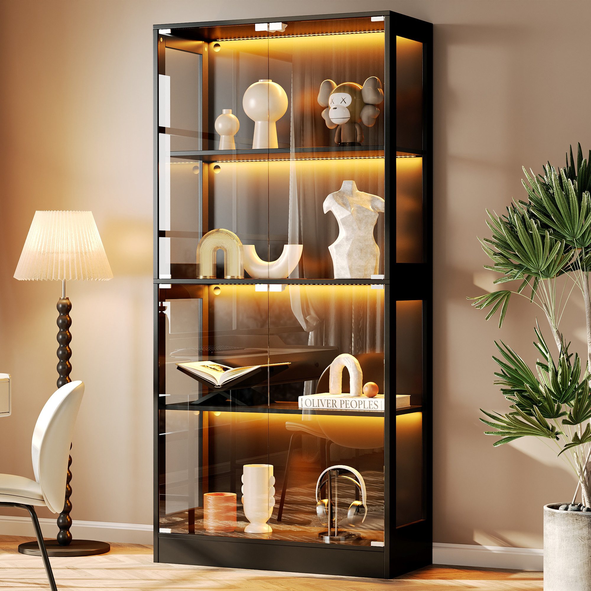 Merax Glasvitrine Vitrine mit LED-Licht, 4 Tür, Multifunktionaler (1-St., Vitrinen mit 4 Ebenen, Vitrinenschrank) für Wohnzimmer, Arbeitszimmer
